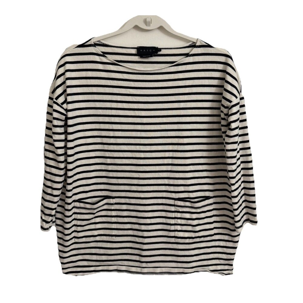 Hatch Black and White Striped Boatneck Pullover